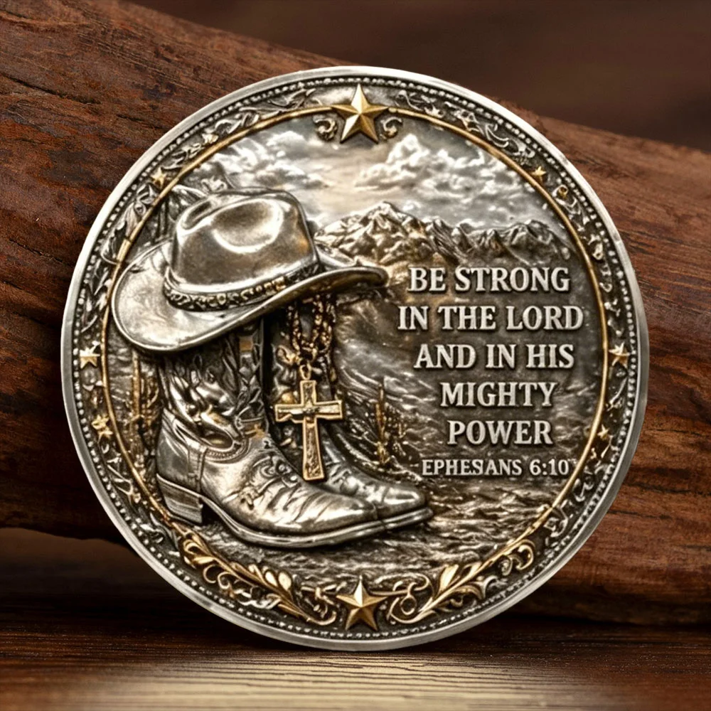 2D Brave Cowboy Silvery Plated Commemorative Coin Bible Verse Ephesians 6:10 Cross Horse Cowboy Hat Boots Collectible Coin