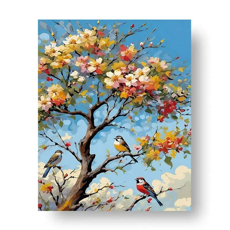 CHENISTORY Malen nach Zahlen Blumenbaum-Sets Handgemaltes DIY-Bild nach Zahlen Vogel-Zeichnung auf Leinwand Heimdekoration