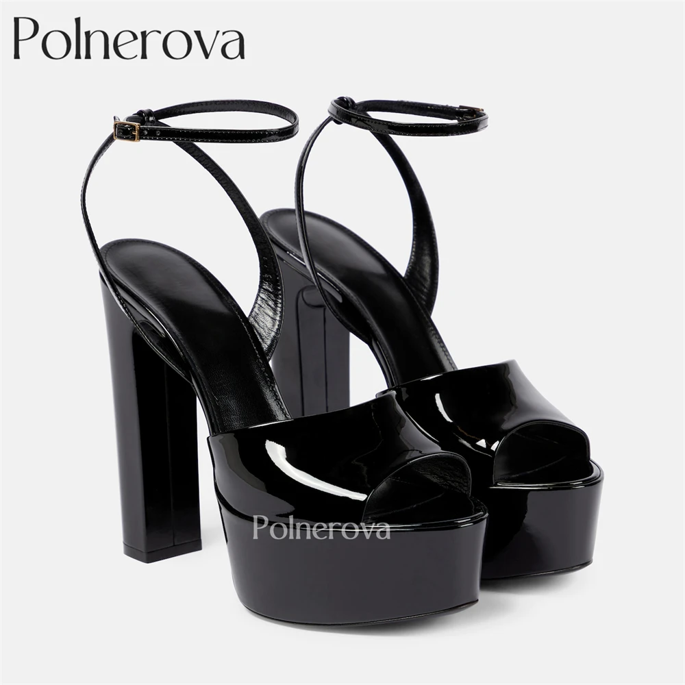 Classic Style Platform Chunky Heel Silver Sandals Buckle Peep Toe Summer High Heel Sandal Black Patent Leather Custom Multicolor