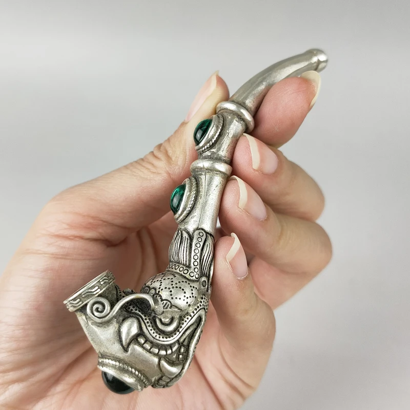 Exquisite Chinese Old Antiques Handmade White Copper Dragon Smoking Pipe