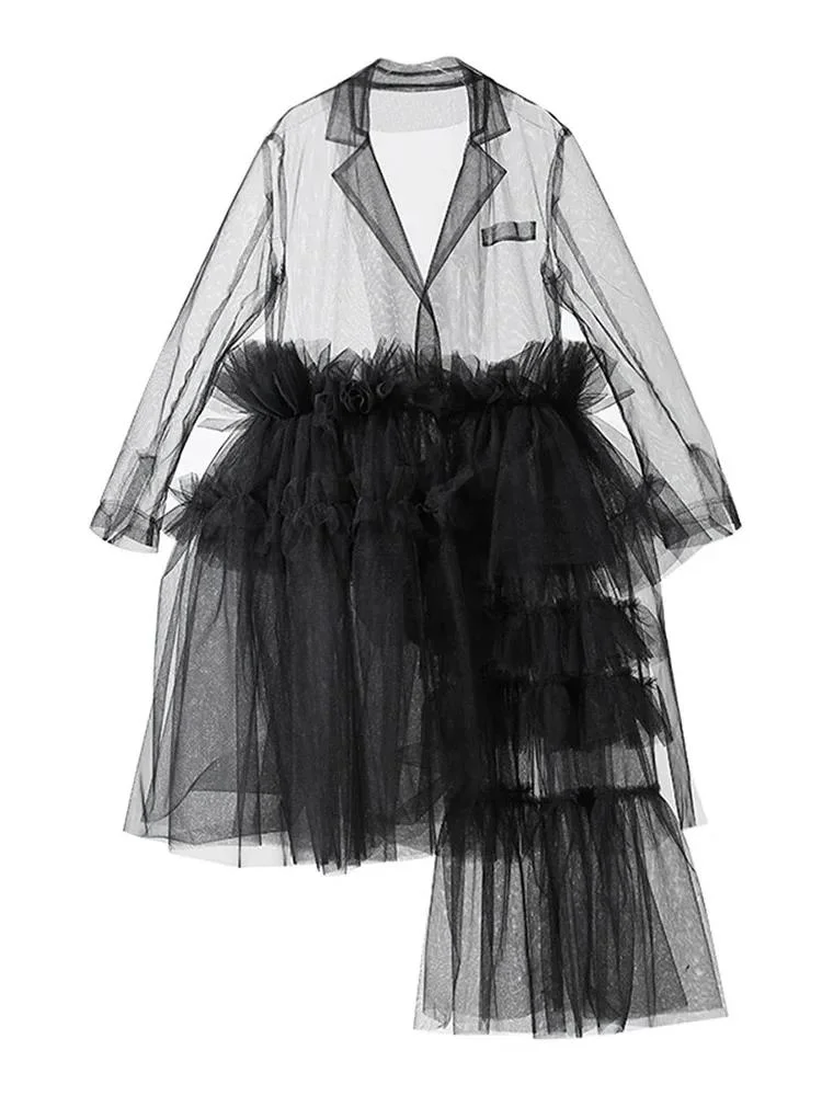 Fashion Women's Mesh Dress Notched No Buckle Irregular Perspective Multi-level Loose Dresses Autumn 2026 New  ZS65