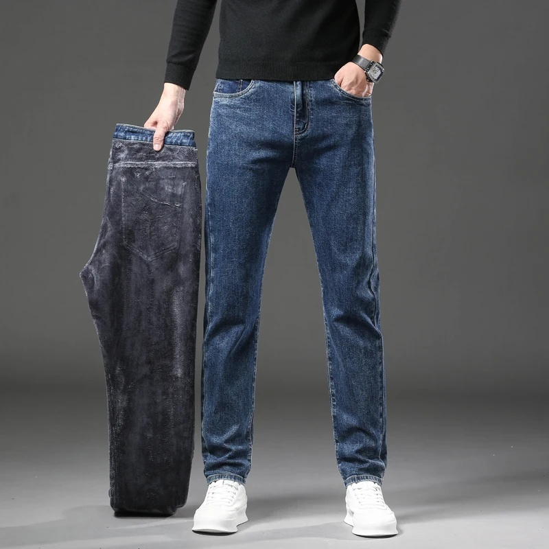 Men\'s Warm Fleece Jeans Winter New Thick Velvet Slim Fit Business Casual Pants Classic Black Blue Elastic Cotton Denim Pants