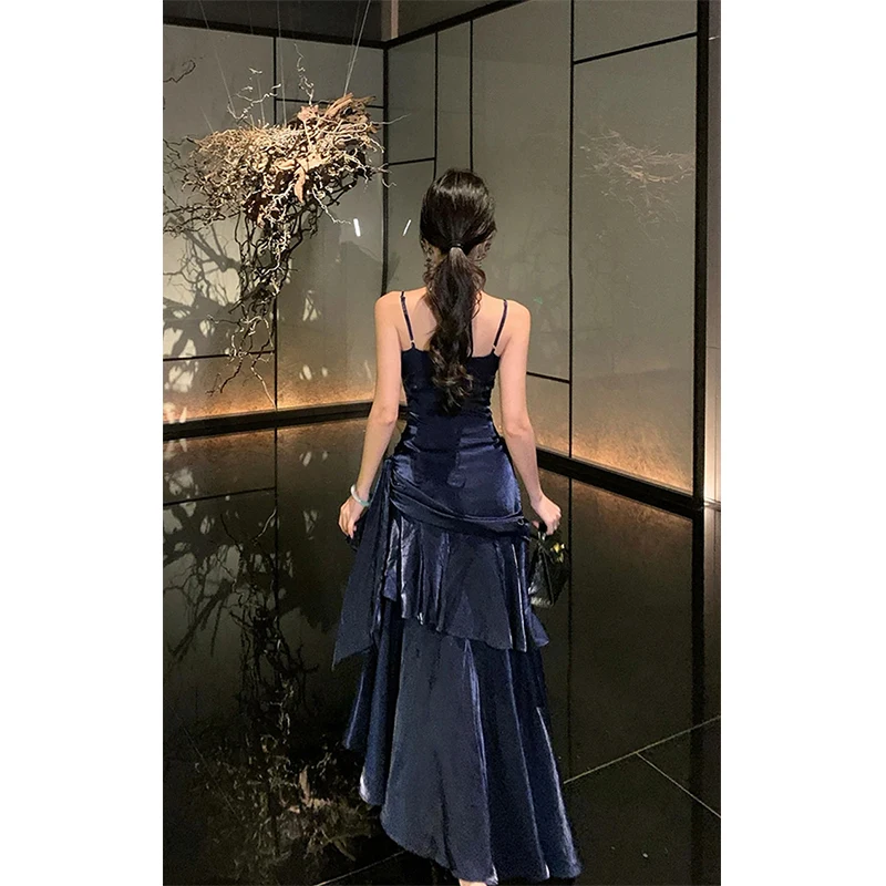 MEXZT Vintage długa sukienka damska na imprezę bal seksowny Spaghetti pasek Maxi sukienki elegancka suknia z marszczeniami lato koreański Bodycon Vestidos