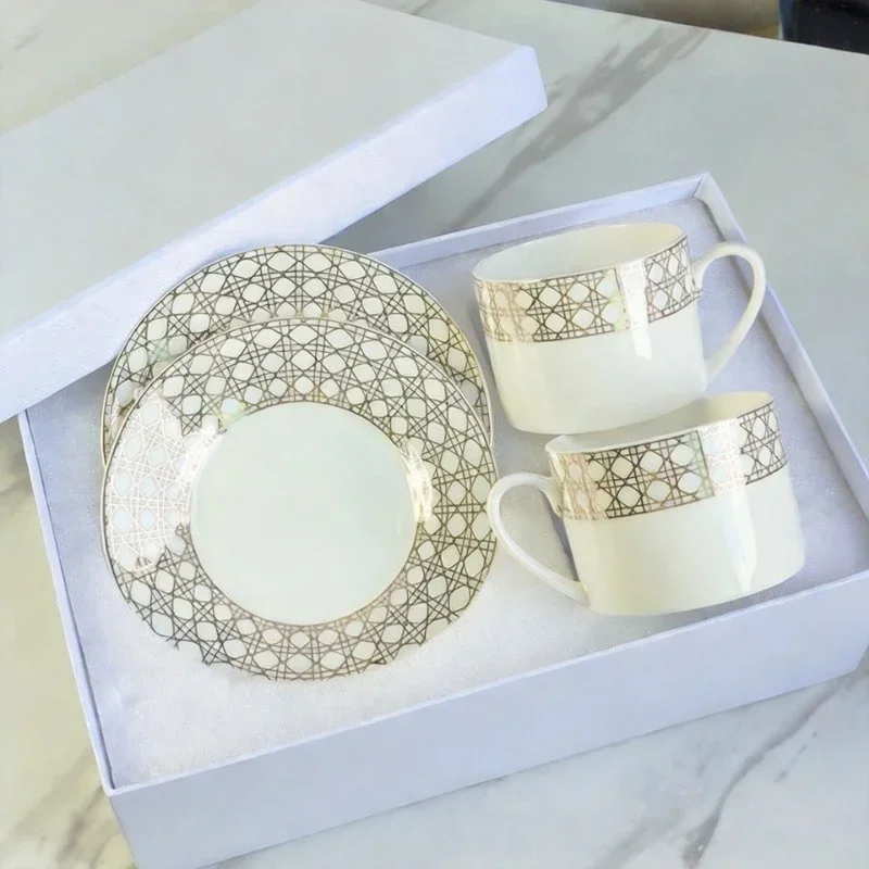 The Golden Checkered Series Of Light Luxury Afternoon Tea Coffee Cups And Plates Bone China Gift Box Set As Souvenirs