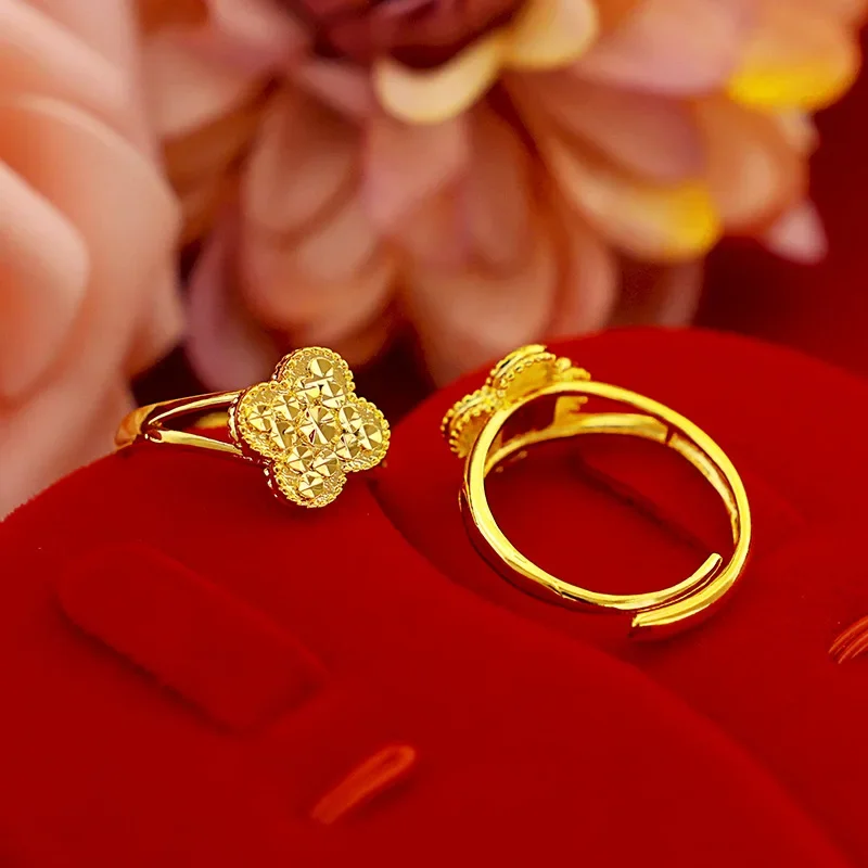 9999 Real Gold 24K Fashion Women's Clover Diamond Ring Gold Women's Open Ring