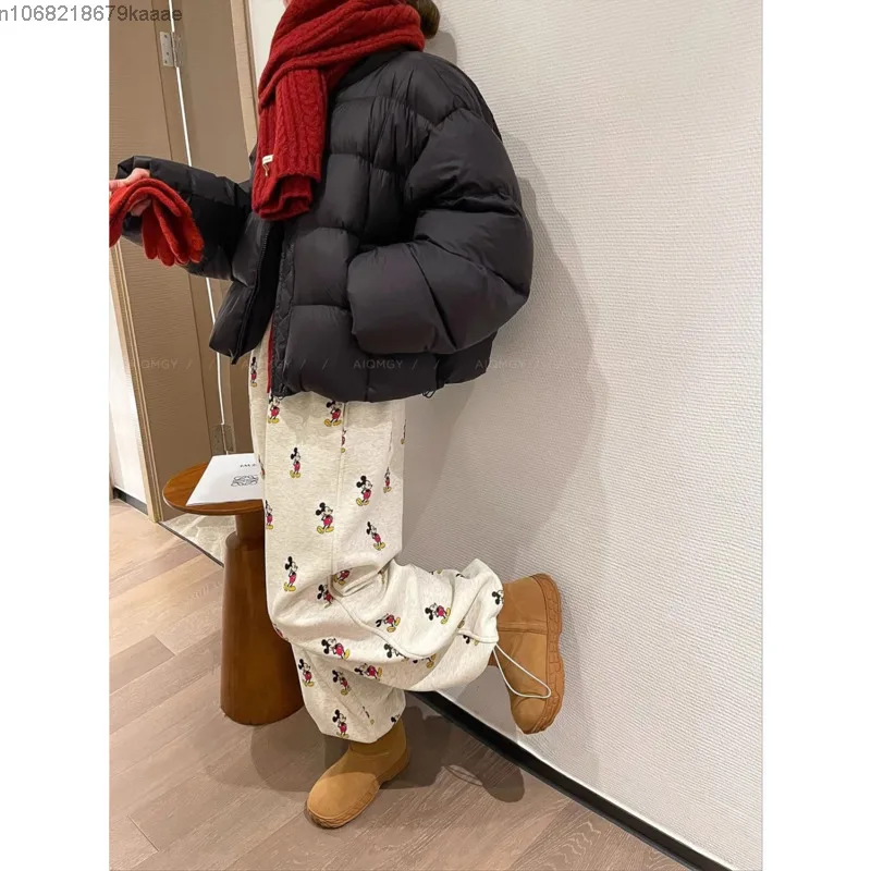 Disney Mickey Mouse Full Cartoon Print Korean Version Loose Casual Trousers Autumn Winter New Velvet Warm Sweatpants For Women