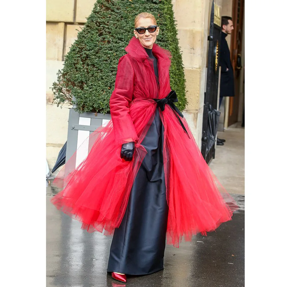 New Couture Red 10 Layer Tulle Long Women Jacekt With Black Sash Female Blazer Tulle Female Outerwear Coats