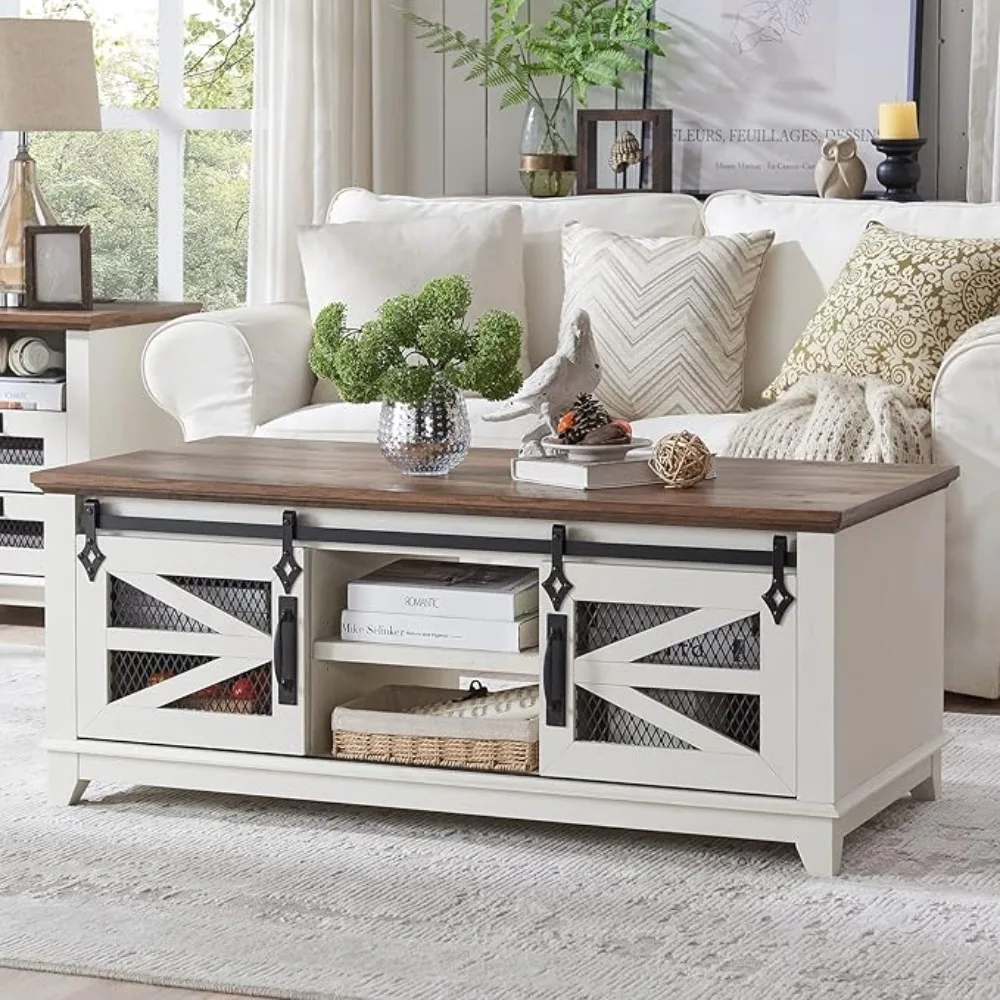 48'' Coffee Table with Storage & Sliding Barn Doors, Farmhouse & Industrial Cocktail Table w/Adjustable Shelves