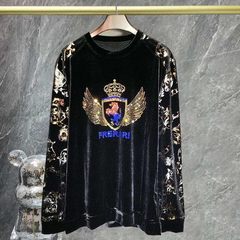 High Quality Men Long Sleeved Rhinestone T-shirt Luxury Gold Velvet Men Personality Sleeves T-shirt Fashion Hot Diamond T-shirt