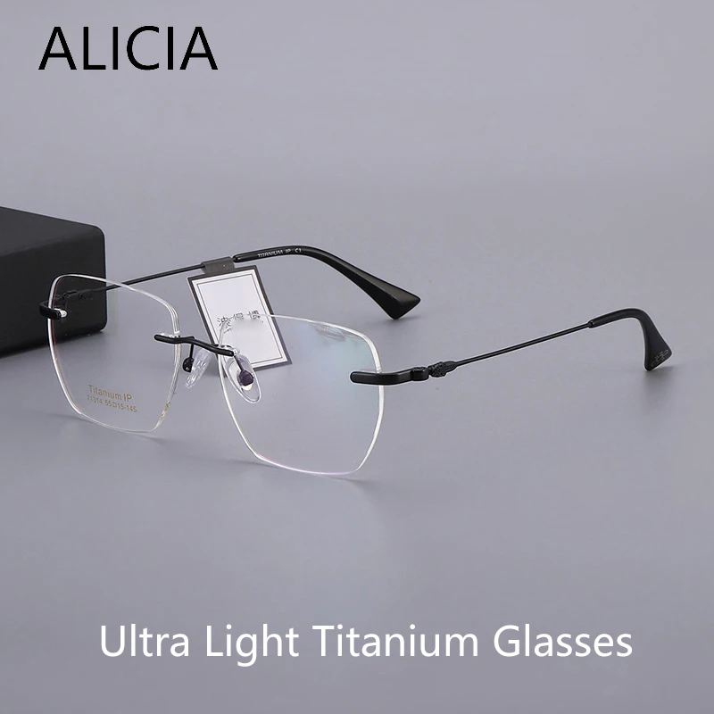 

ALICIA New Luxury Fashion Rimless Pure Titanium Business Ultra Light Pure Eyewear Optical Prescription Frames Man Woman