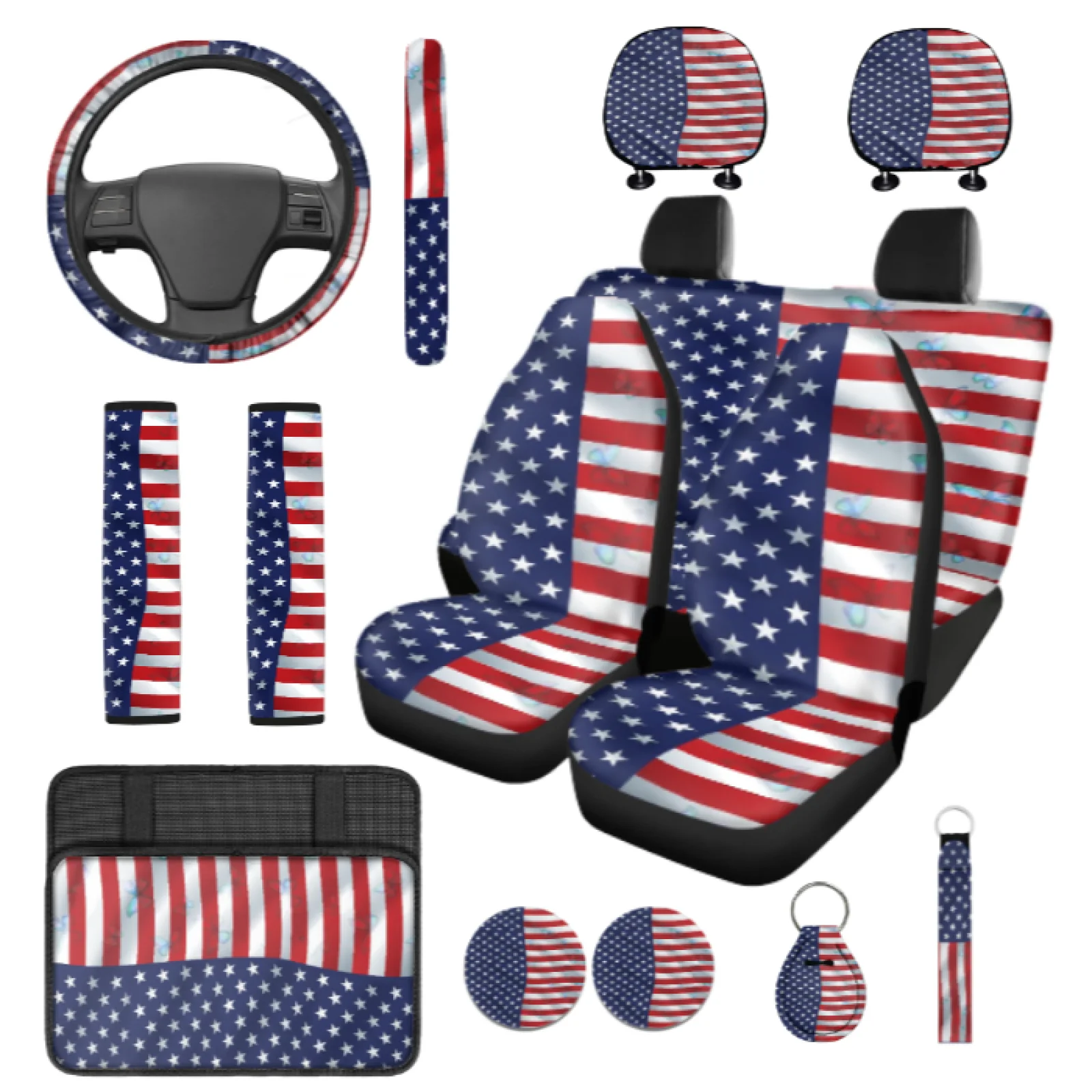 Coloranimal American Flag 14 Pcs Car Seat Covers Comfortable Full Set Car Seat Cover Full Set Compatible with Cars Car Interior