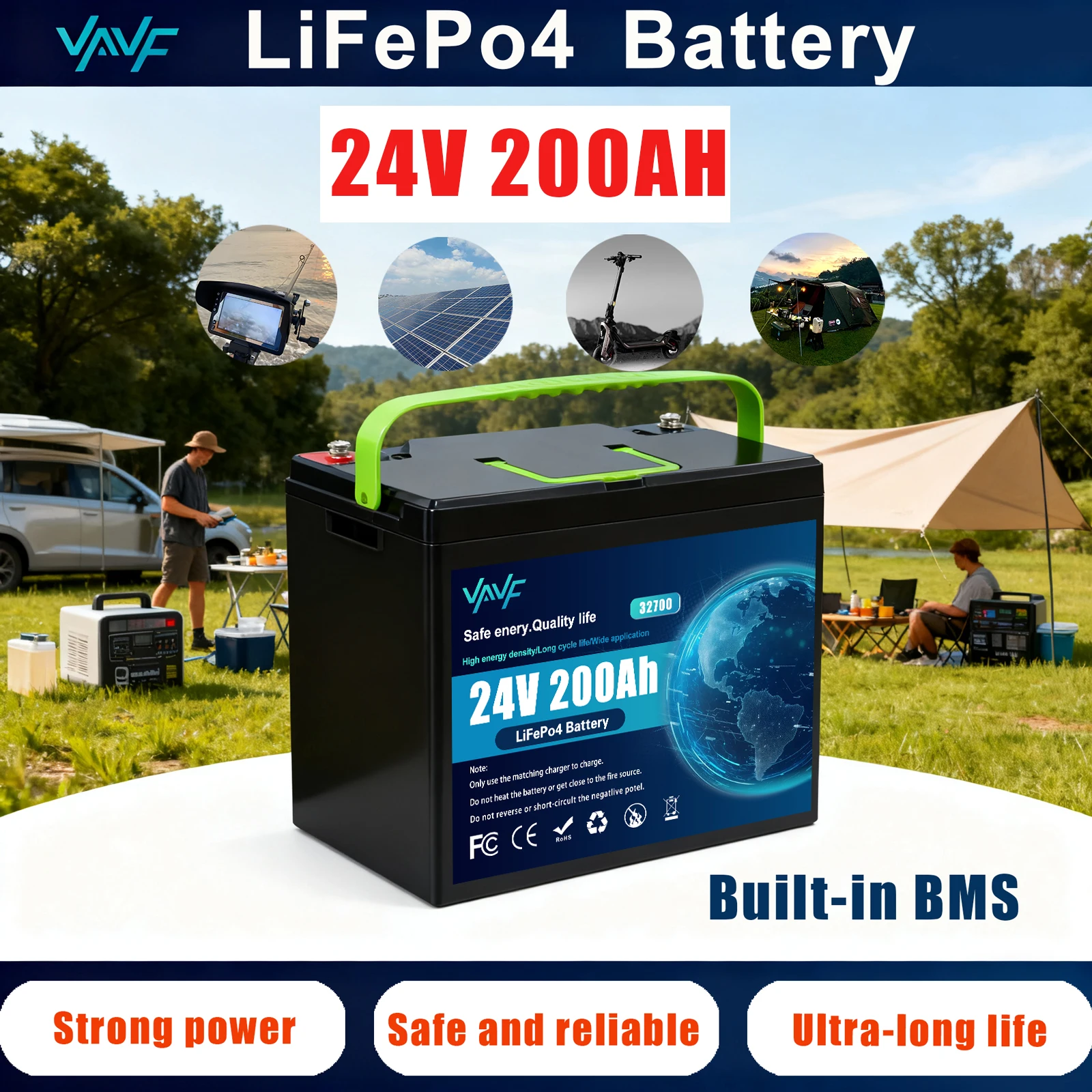 

High Quality LiFePO4 Battery 24V 200Ah,8000+ Cycles️Rechargeable with BMS for Scooters,Solar Power️Off-Grid,Fish Finder
