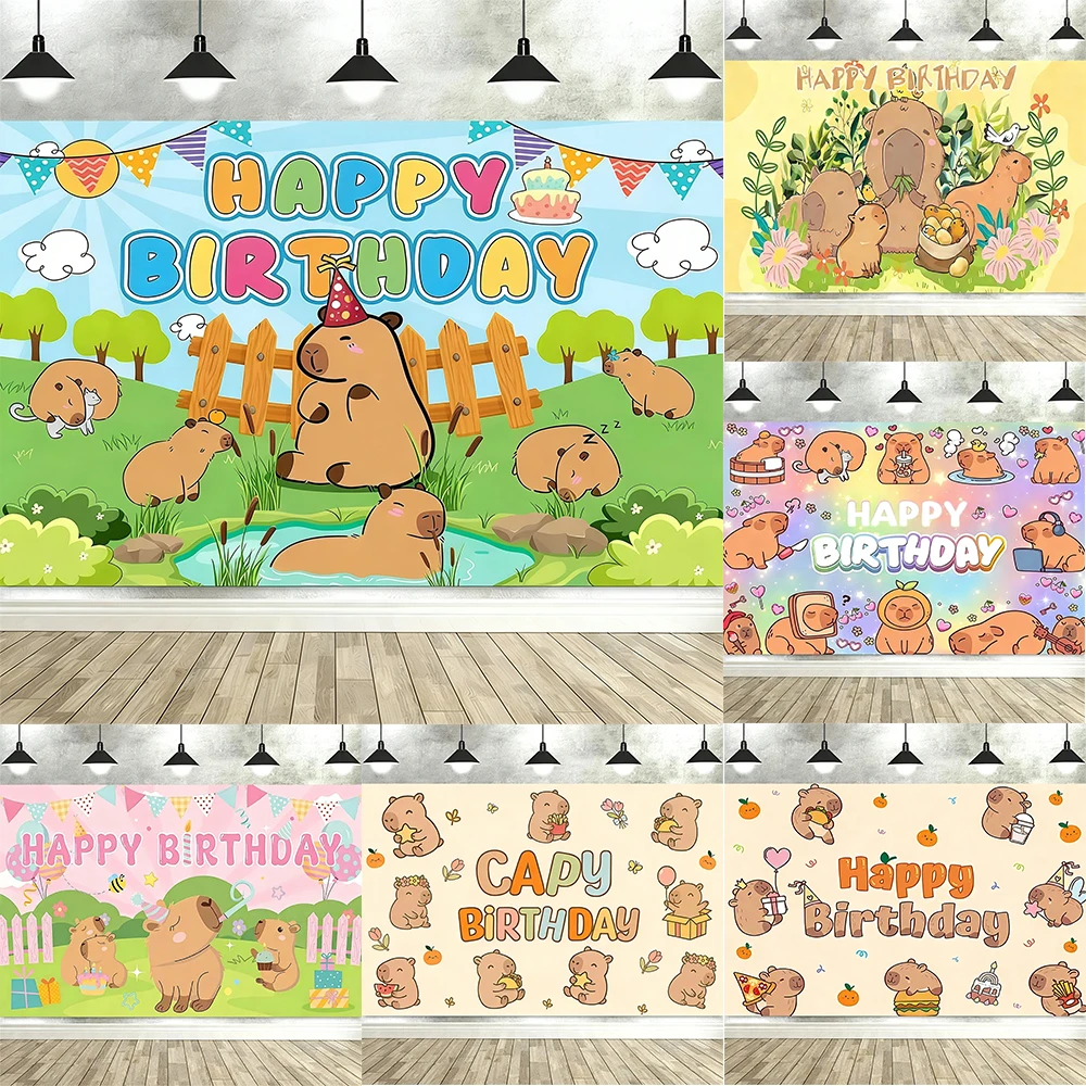 Toile de fond Joyeux Anniversaire avec un Capybara mignon – Décoration animale de dessin animé pour la fête des enfants, accessoire parfait pour les séances photo – Tapisserie
