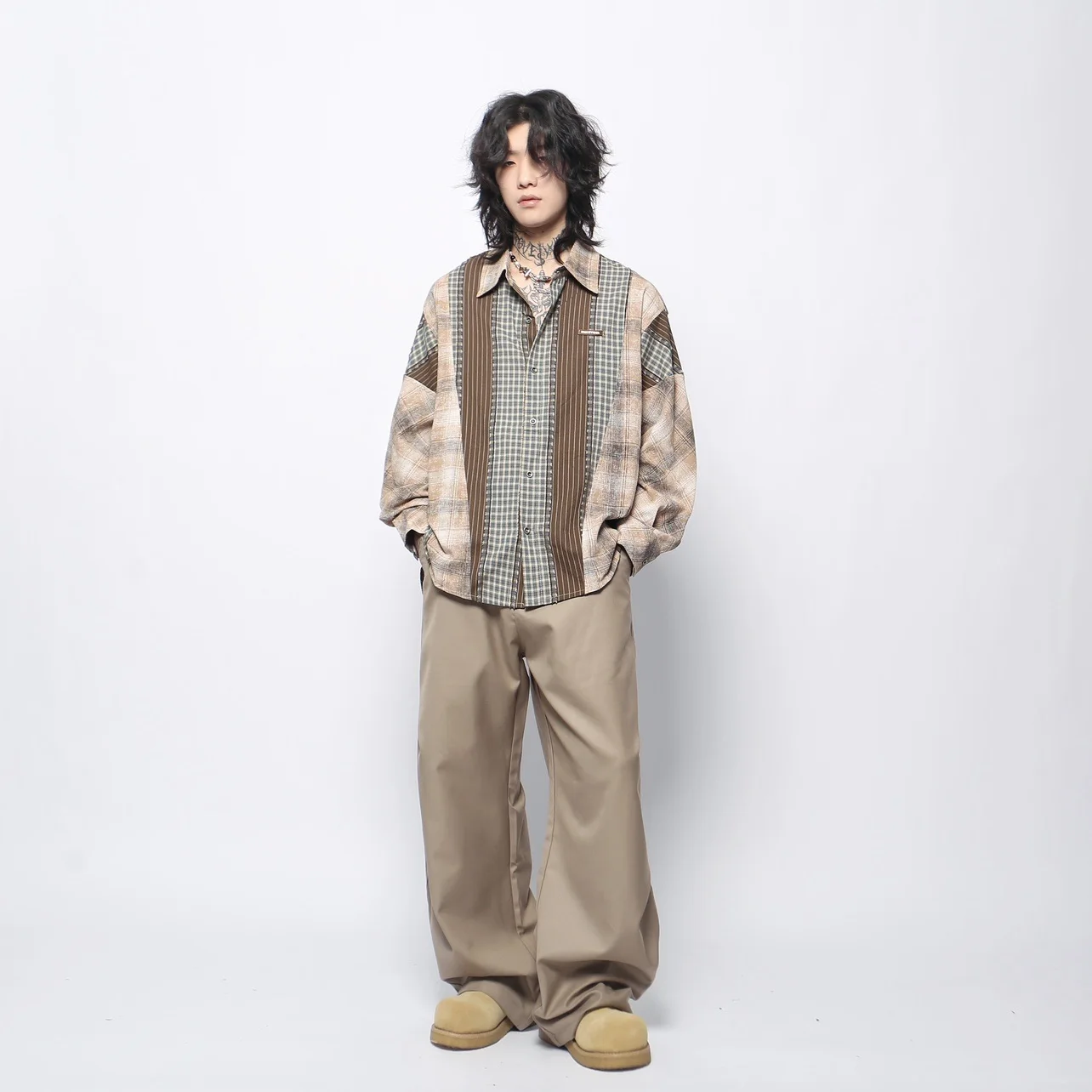 2025 Spring and Autumn New American Retro Wasteland Style Men's Coffee Color Patchwork Plaid Turn-Down Collar Long Sleeve Shirt