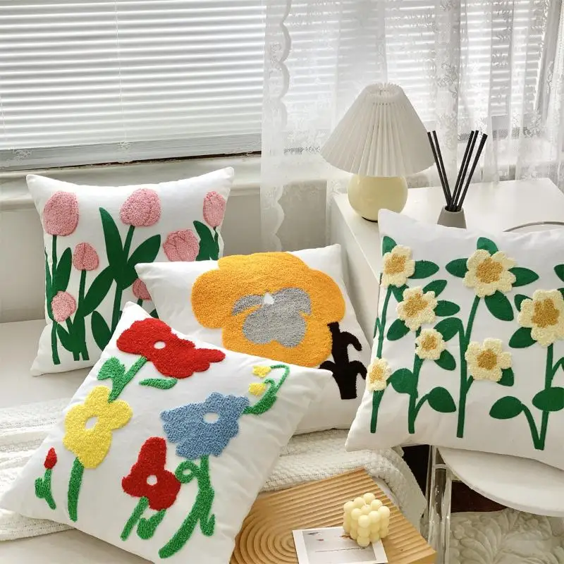Funda de almohada de tulipán con bordado de campo francés, funda de cojín romántica moderna, funda de almohada elegante