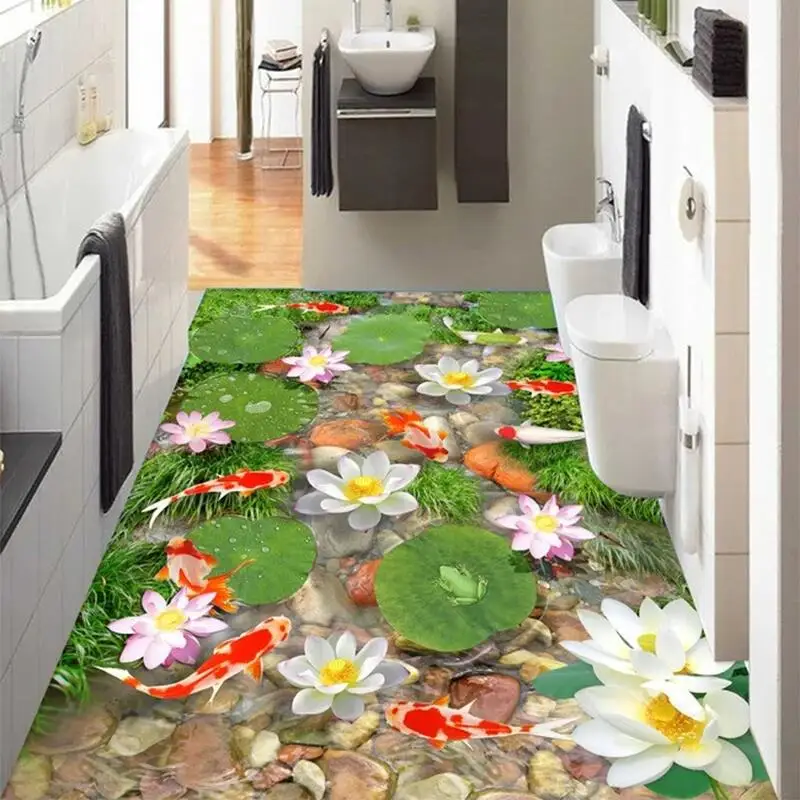 

Custom Self-adhesive PVC Decor Mural 3D Lotus Flower Floor Tiles Wallpaper Living Room Bathroom Waterproof Papel De Parede