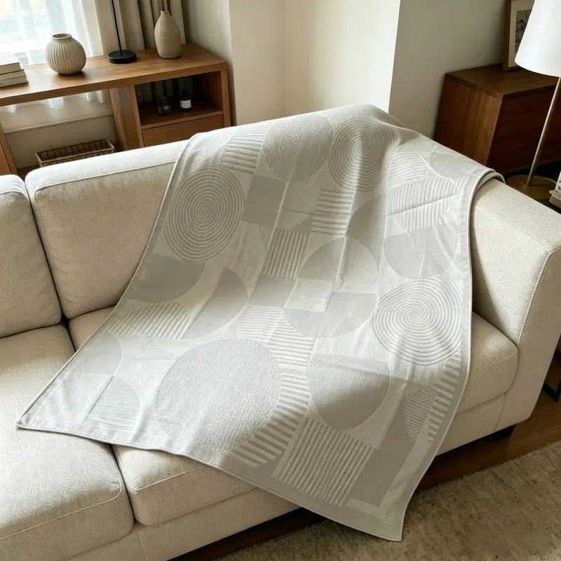 Geometric Jacquard Knit Throw Blanket Soft Lightweight Breathable Cozy For Sofa Couch Bed Living Room Office Adult Neutral Beige