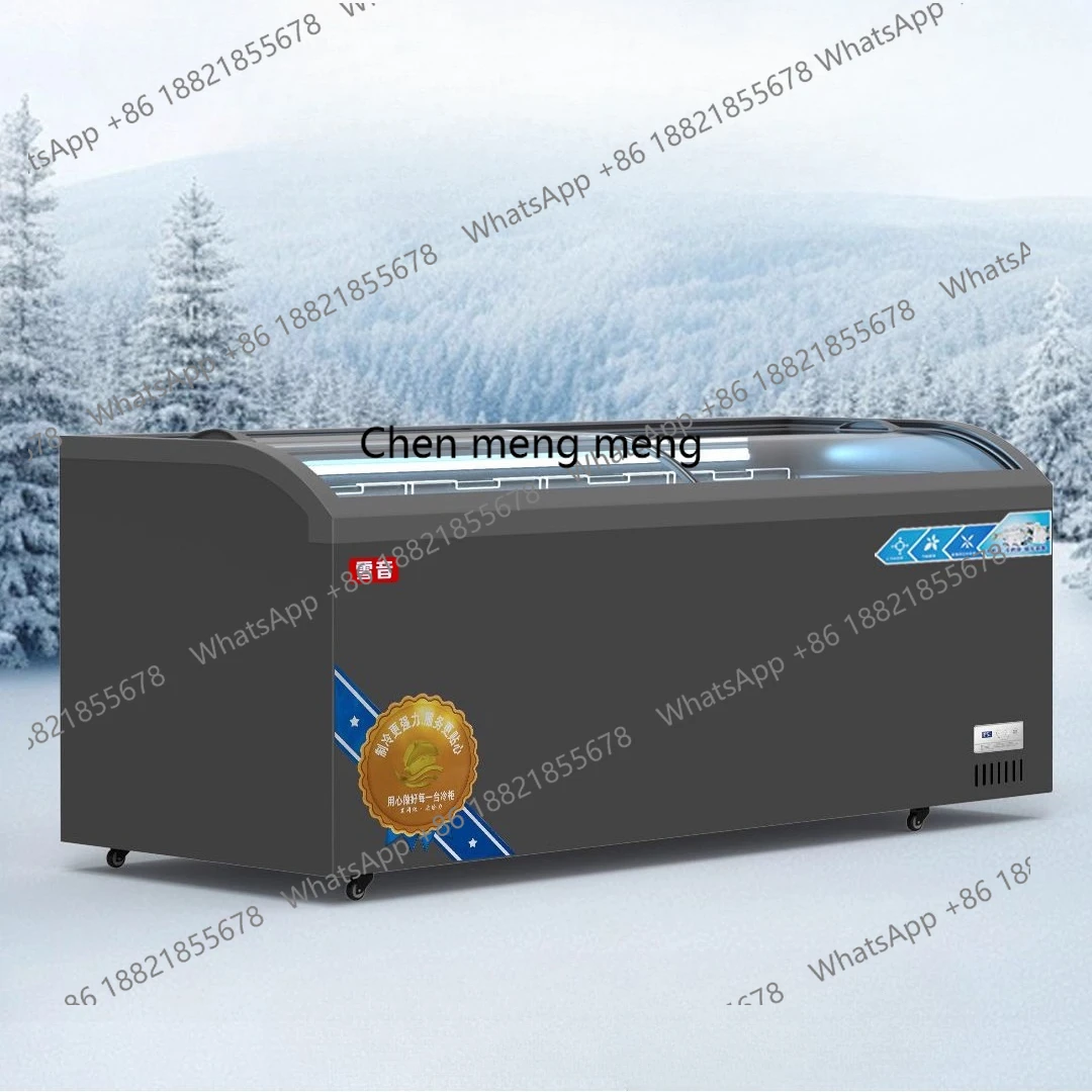 

Супермаркет с изогнутой стеклянной дверью, горизонтальная морозильная камера, охлаждаемая и замороженная коммерческая витрина большой емкости