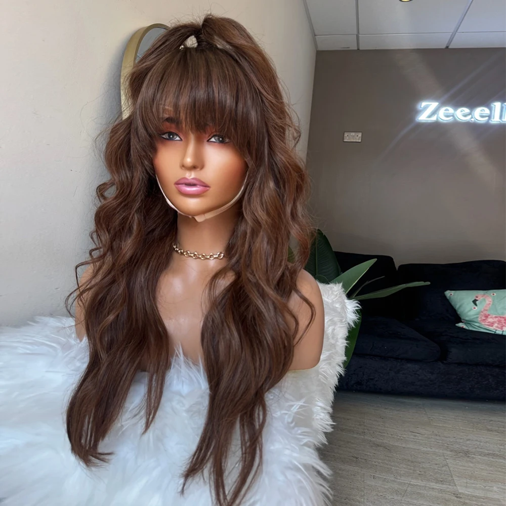 Mocha Brunette Lace Wig with Fringe Brown Highlights Wig Wear and Go Glueless Wig Long Lace Front Wig Synthetic Fibre with Bangs
