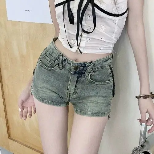 

Шорты женские хип-хоп уличная одежда Y2K панк хип-хоп готический готический приталенный крой с низкой талией джинсовый синий модный образ стиль рок-рейв