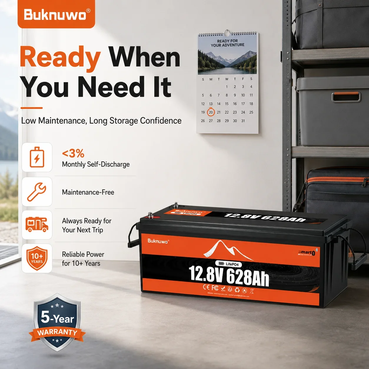 Buknuwo 12V/12.8V 628Ah Bluetooth LiFePO4 Lithium Battery,Smart 8000Wh Power Energy Battery,Built-in 250A BMS Grade A Cells,Low-Temp Protection,Capable Of Over 4000 Cycles Support Series/Parallel Batt image 2