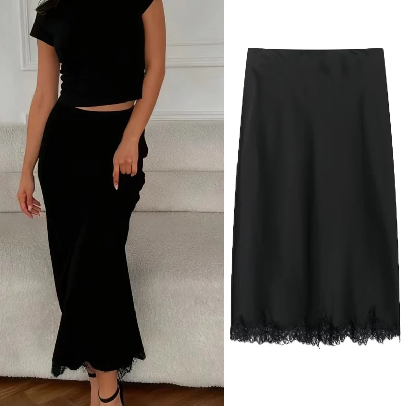 

Women's Black Satin Midi Skirt With Lace Trim & Back Slit 2025 Autumn New Elegant High Waist A-Line Skirts For Women Office Wear