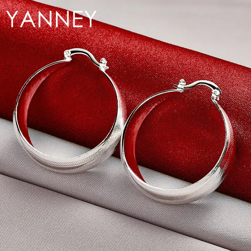 S925 Sterling Silver Glossy Geometric Round Hoop Earrings For Women Wedding Fashion Jewelry Accessories Girlfriend Gifts