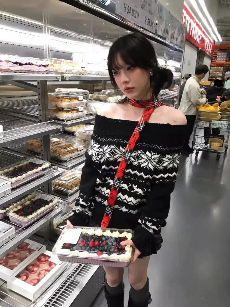 

Черный жаккардовый пуловер с разрезом на шее, женский свитер на осень-зиму, винтажный свободный вязаный топ с длинными рукавами, джемпер Y2k