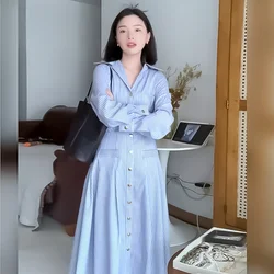 New Spring and Autumn Women's Dress French Long Sleeve Patchwork Polo Collar Button Blue Casual Striped Waist Shirt Dresses
