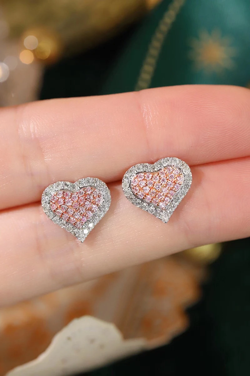 KUGG 18K White Gold Earrings Romantic Heart Design 0.80carat Real Natural Pink Diamond Stud Earrings for Women Party Jewelry