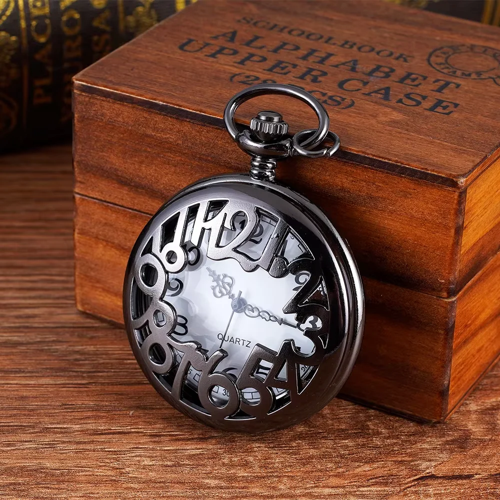 Black pocket watch hollowed-out digital white necklace chain flip watch Large quartz watch