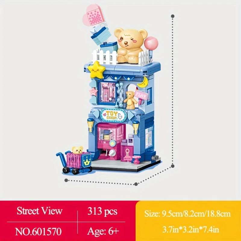 4 Styles Cute Street View Building Blocks, Kid\'s Birthday Gifts, Creative Cartoon Coffee Shop Retail Store Model Mini Bricks