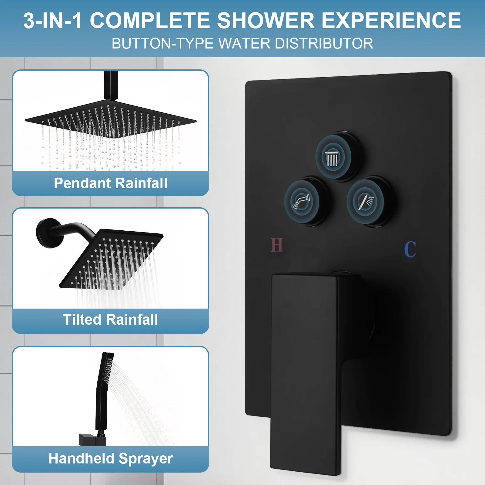 

Shower Fitting Set W/ 12in Ceiling Mount 6in Wall Mount Showers Head Push Button Diverter with 2 in 1 Handheld for Bathroom