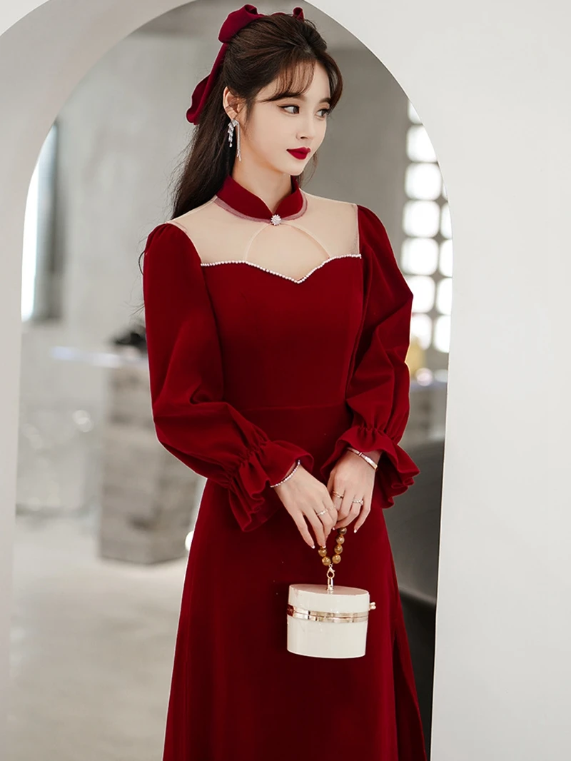 

Velvet Long-sleeved Cheongsam Toasting Dress Bride 2022 New Slit Wedding Engagement Dress Skirt Winter French Style