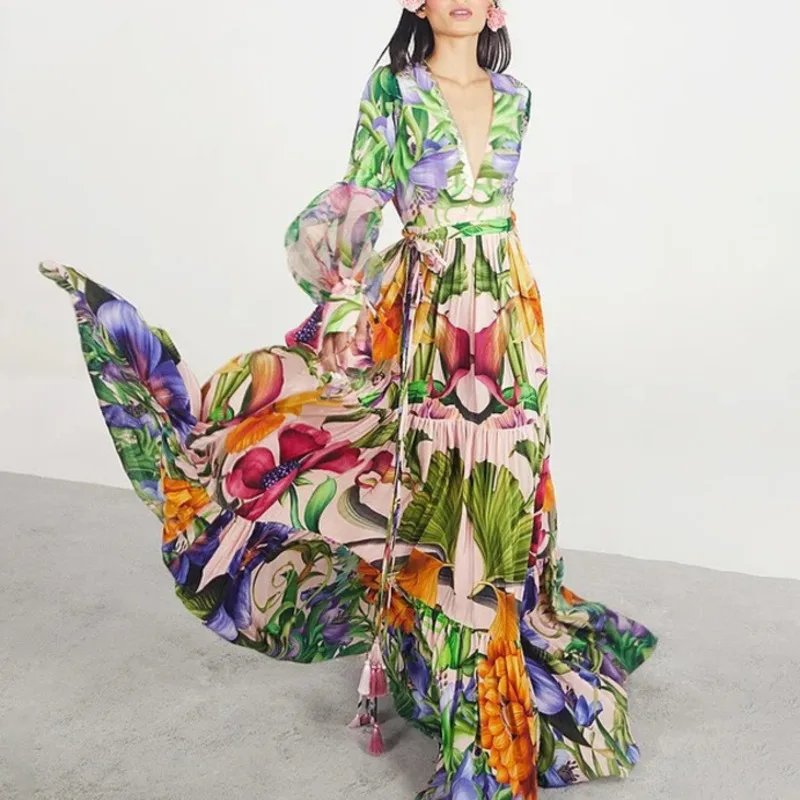 

Women's Bubble Mesh Long Sleeve V-Neck One-Piece Swimsuit Skirt Set 2025 Autumn Swimwear Vintage Fashion Printing Two Piece Set