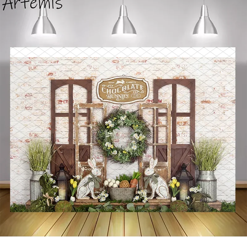 Easter Green Spring Photography Backdrops Bunny Grass Retro Brick Wall Kids Birthday Portrait Cake Smash Background Photo Studio