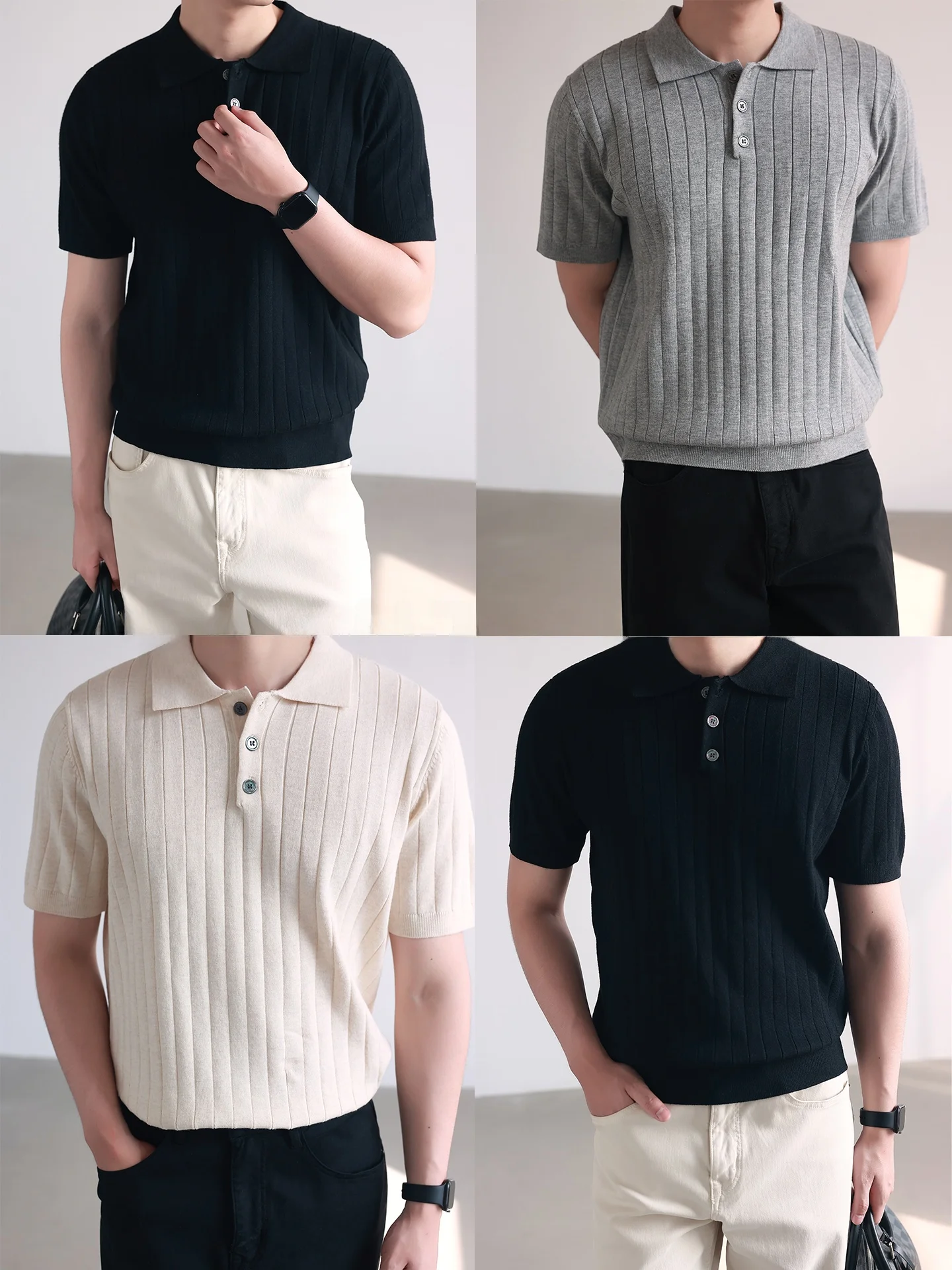Men's Knitted Short Sleeve Base Layer Top Four Fiber Blend Soft Sensation Vertical Pit Stripe Design Breathable  Shirt