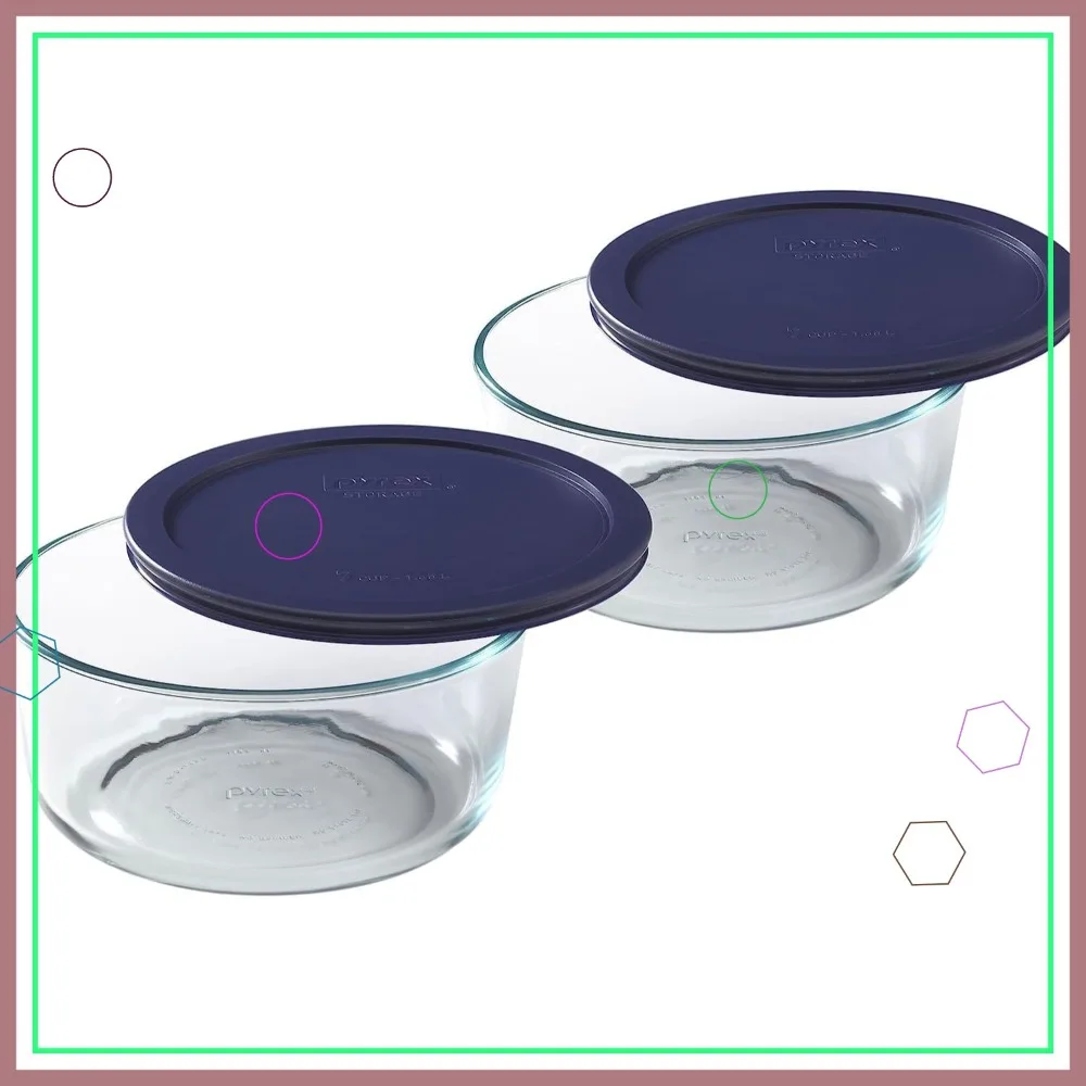 

Круглая стеклянная емкость для хранения продуктов на 7 чашек с синей крышкой, набор из 2 штук — Сделано в США для сохранения свежести и долговечности