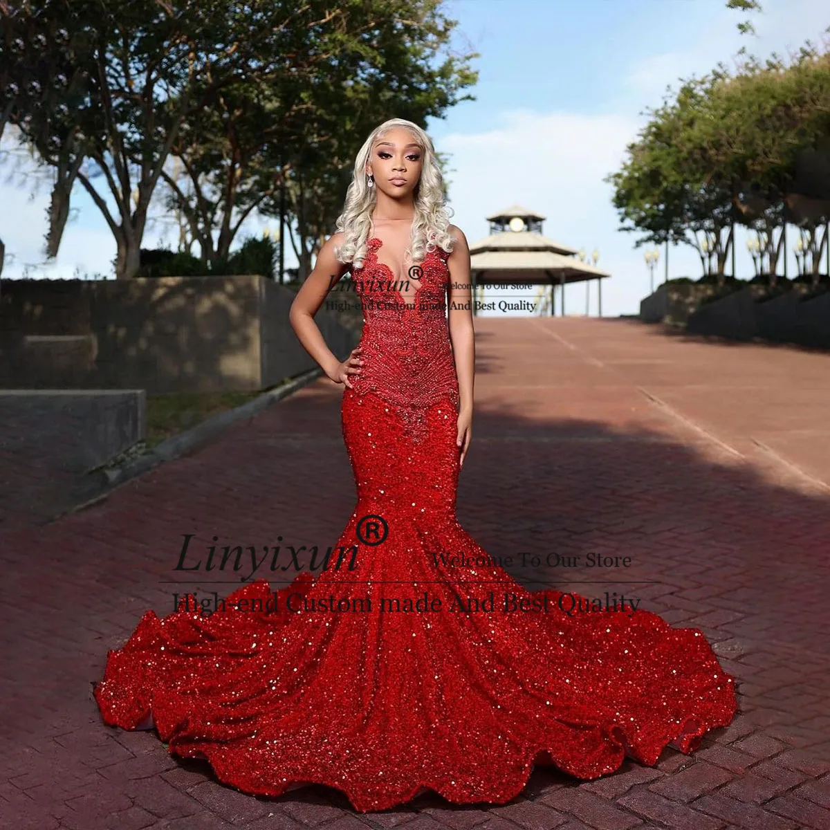 Exquisite Red Sequins Prom Dresses For Black Girls 2024 Sleeveless Crystals Mermaid Party Gowns Evening Dress vestidos de gala