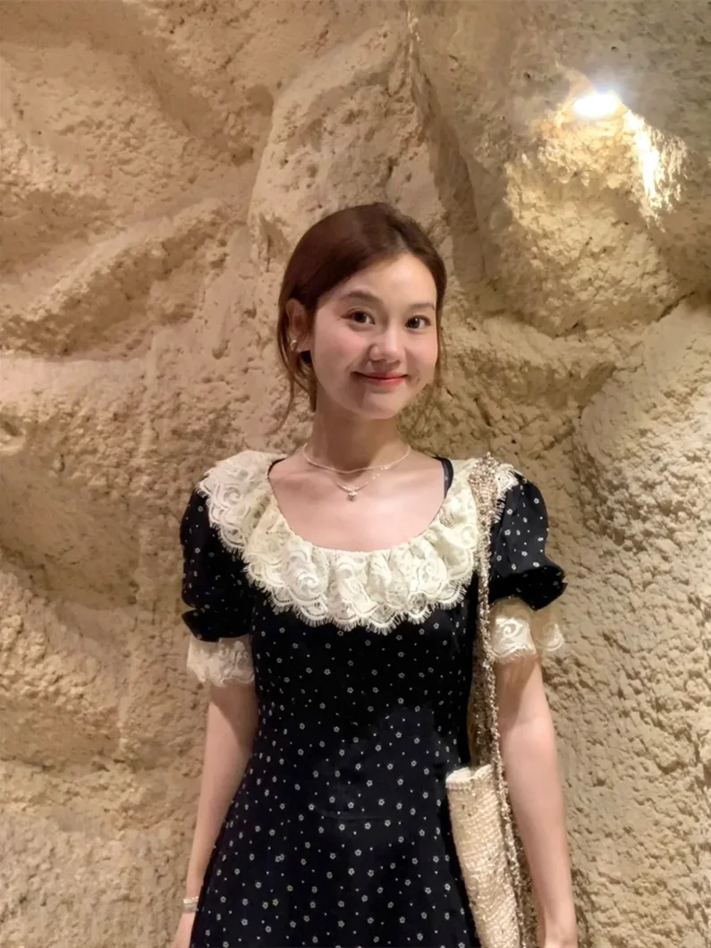 

Summer 2026 New Romantic Floral Print Short Sleeve Women's Dress Waist Cinched A-Line Long Dress Korean Style Commute Lace Sp...