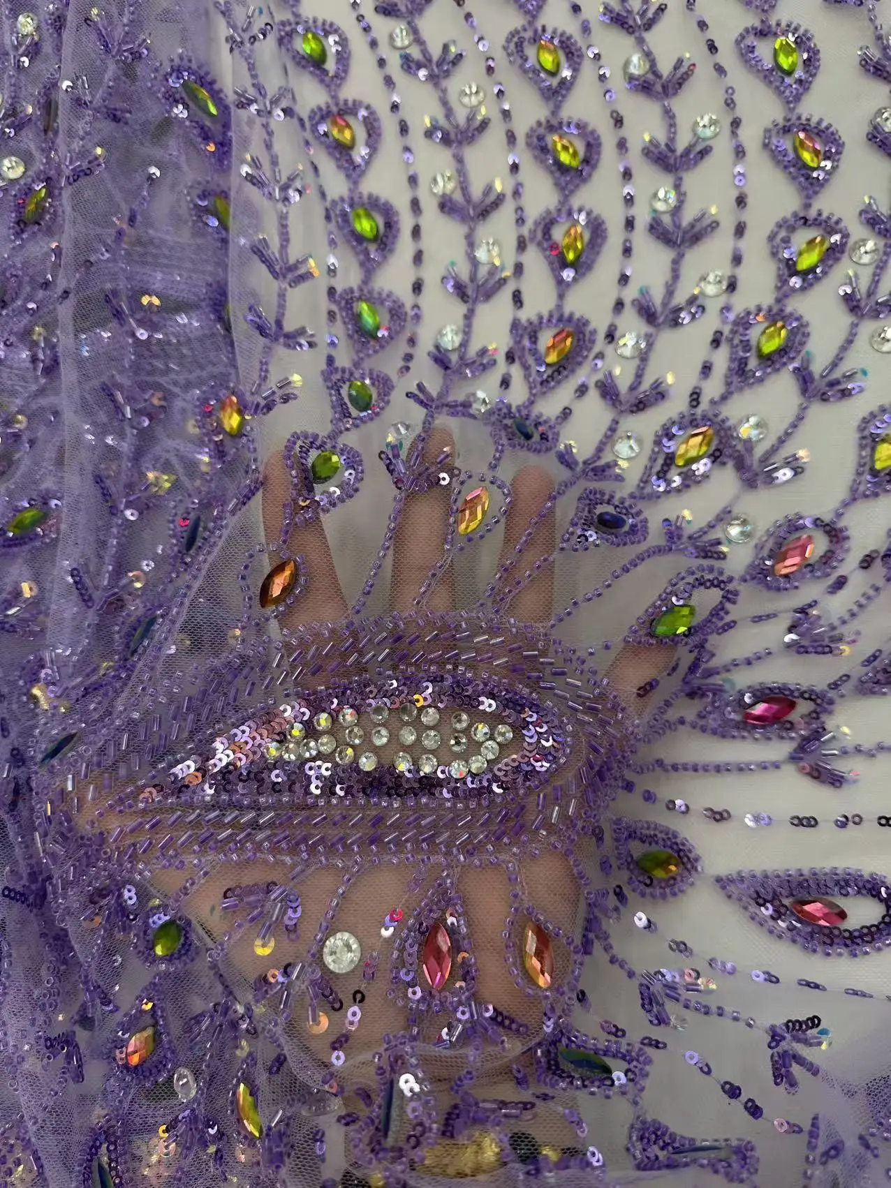 ผ้าลูกไม้ปักลายลูกปัดหนักแบบแอฟริกัน ประดับเลื่อมลายเรขาคณิต คุณภาพสูง 5 หลา สำหรับชุดเจ้าสาวและชุดราตรี รุ่น TP1544