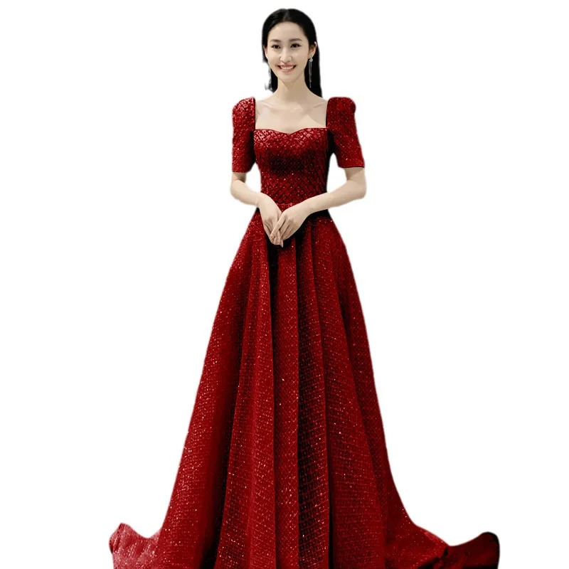 Retro French Square Collar Evening Party Dress Burgundy Sequin Wedding Dress Qipao Elegant Trailing Robe De Soiree Prom Dress