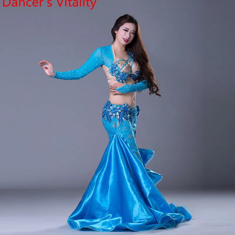 NEW stage Luxury Girls Belly Dance Costumes Long Sleeves Bra+Lace Skirt 2pcs Belly Dance Suit Women Ballroom Dance Set