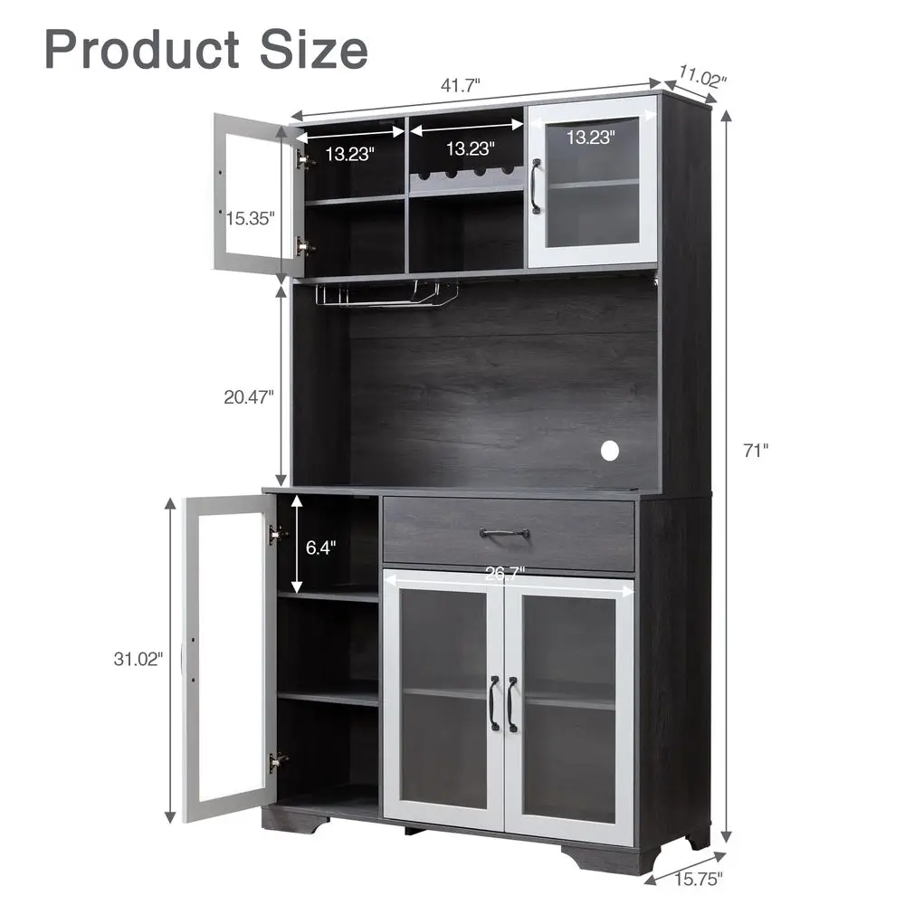 

71 Pantry Cabinet with Wine Rack and Charging Station, Set of 2 Tall Coffee Bar Cabinets with LED Lights, Drawer, Adjustable Sh