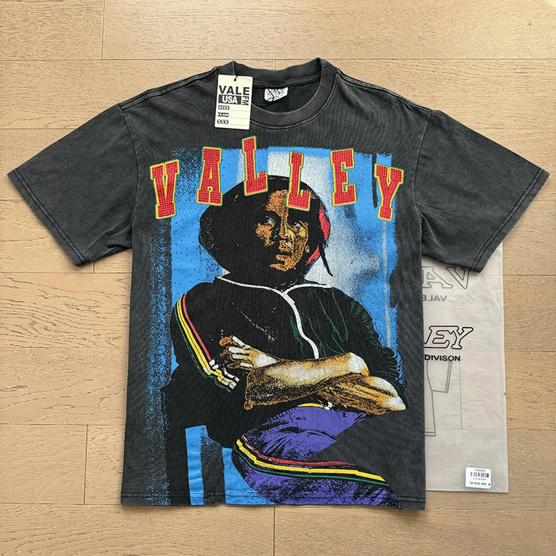 Vale Valley Retro Print High Street Cotton Short Sleeve T-Shirt Youth Fashion Streetwear Washed Vintage Diamond Embellished