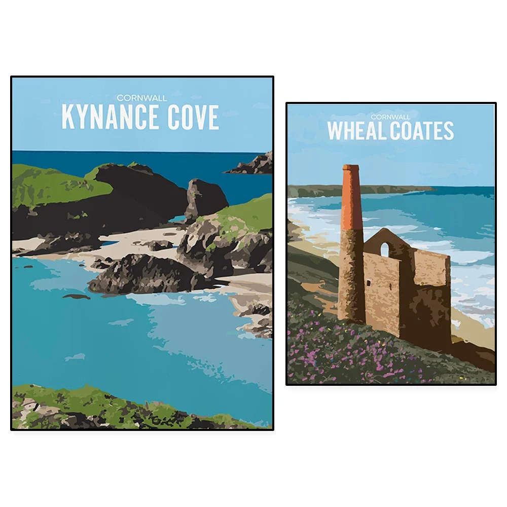 Wheal Coates Tin Mine, Kynance Bay - Cornish Coastal Landscape - Illustrated Graphic Graphics Print Poster - Blue/Green