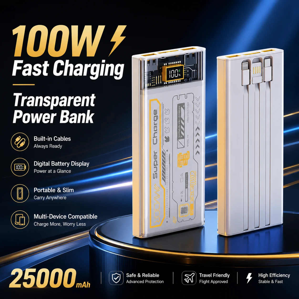 New 100W 20000mAh Power Bank for IPhone Huawei Samsung Xiaomi Transparent Mecha Comes with Three Lines Portable Power Station