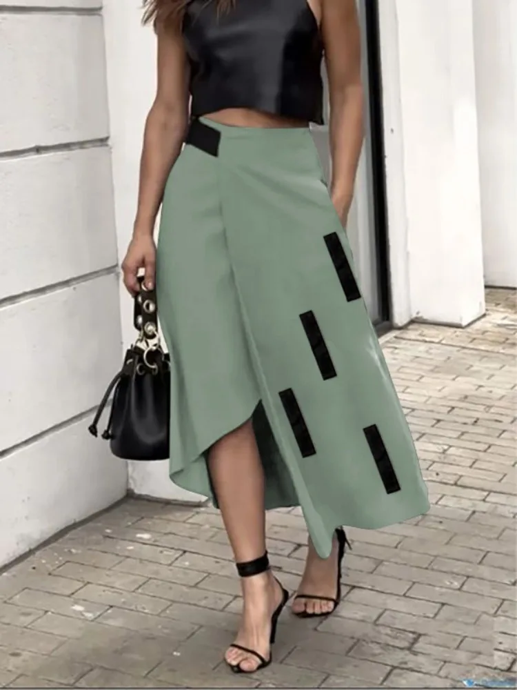 UOOZEE Women\'s Fashion Asymmetrical A-Line Skirts 2025 New Arrivals Split-Joint Pockets Loose Elastic High Waist Skirt Bottoms