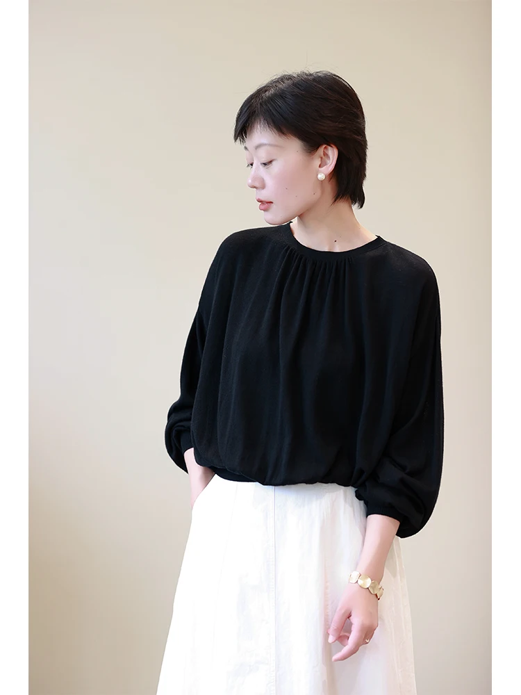 

Bla Full Wool Lantern Sve Knitted irt Women's round Ne Top Simple Sle Commute Faion Loose Fit Autumn Winter New