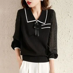 Autumn Office Lady Chic New Elegant Young Style Preppy Style Chic Shirt Women Long Sleeve Peter Pan Collar Bow Loose Casual Top